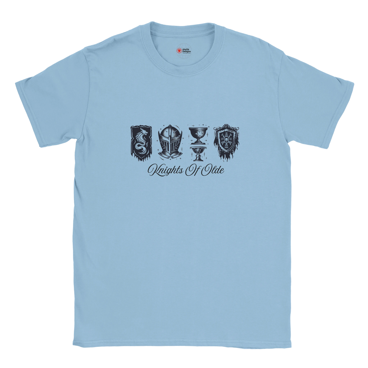 Light blue t-shirt with black graphics and text on a white background