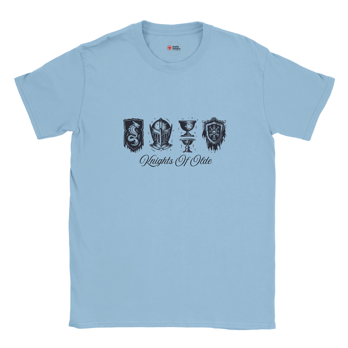 Light blue t-shirt with black graphics and text on a white background