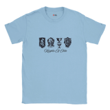 Light blue t-shirt with black graphics and text on a white background