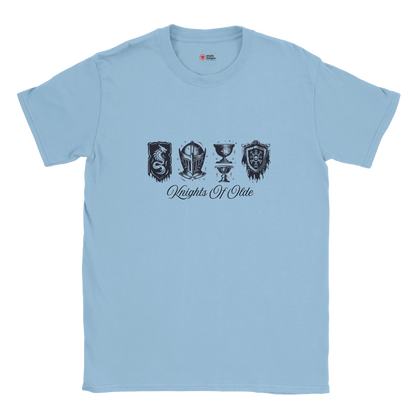 Light blue t-shirt with black graphics and text on a white background