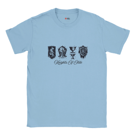 Light blue t-shirt with black graphics and text on a white background