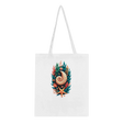 A white canvas tote bag with two shoulder straps, featuring a colorful central graphic of a nautilus shell surrounded by green leaves, orange coral, and a starfish.
