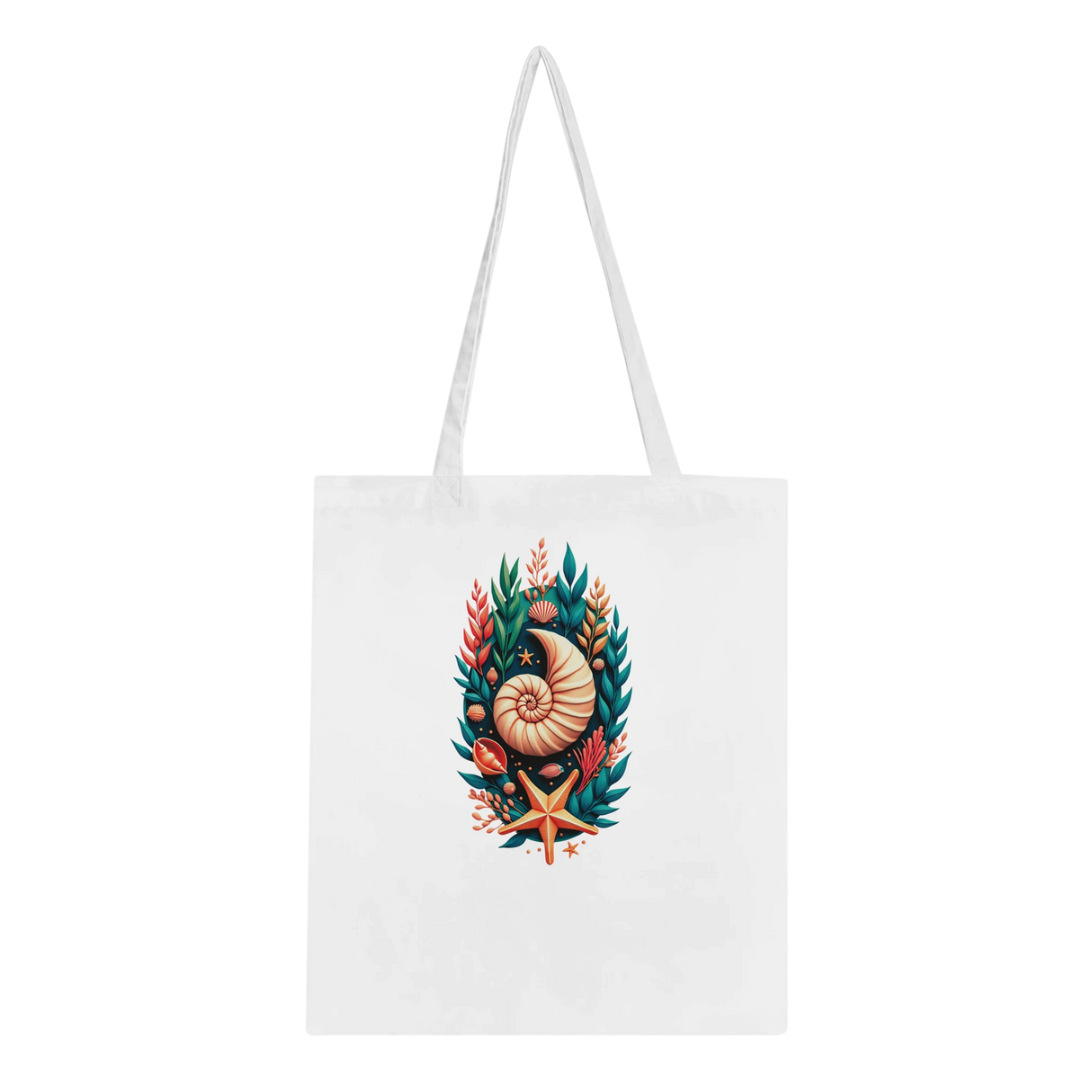 A white canvas tote bag with two shoulder straps, featuring a colorful central graphic of a nautilus shell surrounded by green leaves, orange coral, and a starfish.