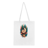 A white canvas tote bag with two shoulder straps, featuring a colorful central graphic of a nautilus shell surrounded by green leaves, orange coral, and a starfish.