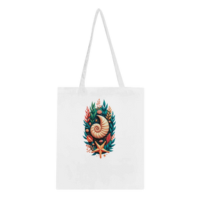 A white canvas tote bag with two shoulder straps, featuring a colorful central graphic of a nautilus shell surrounded by green leaves, orange coral, and a starfish.