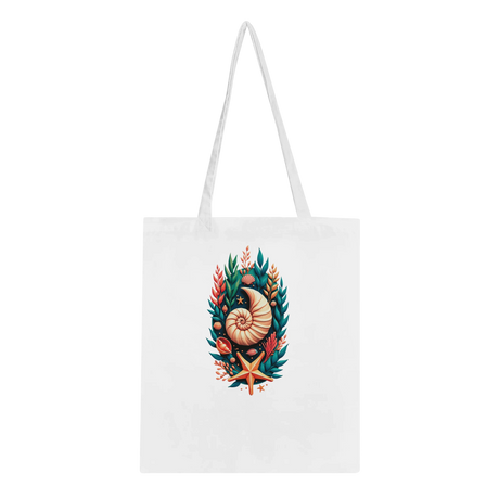A white canvas tote bag with two shoulder straps, featuring a colorful central graphic of a nautilus shell surrounded by green leaves, orange coral, and a starfish.