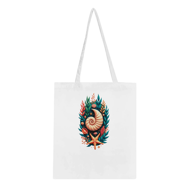 A white canvas tote bag with two shoulder straps, featuring a colorful central graphic of a nautilus shell surrounded by green leaves, orange coral, and a starfish.