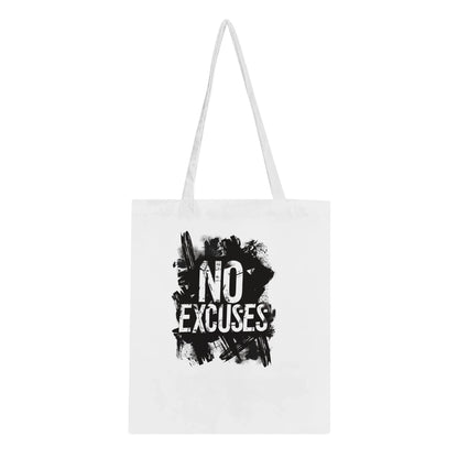 White tote bag with 'NO EXCUSES' text and black abstract design on a white background