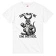 White t-shirt with a graphic of an angry kangaroo and text on a white background
