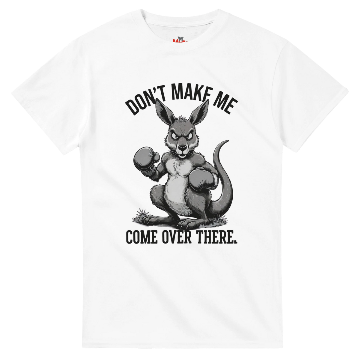 White t-shirt with a graphic of an angry kangaroo and text on a white background