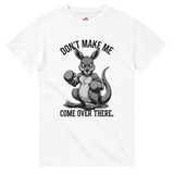 White t-shirt with a graphic of an angry kangaroo and text on a white background