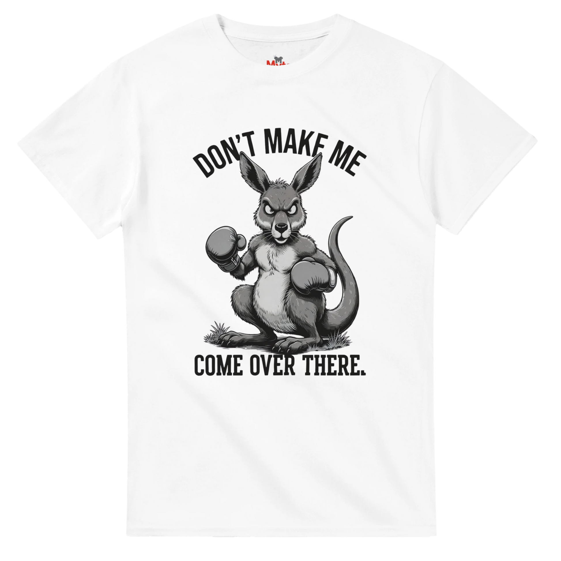 White t-shirt with a graphic of an angry kangaroo and text on a white background