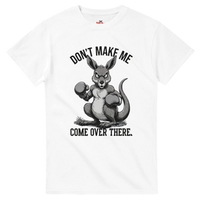 White t-shirt with a graphic of an angry kangaroo and text on a white background