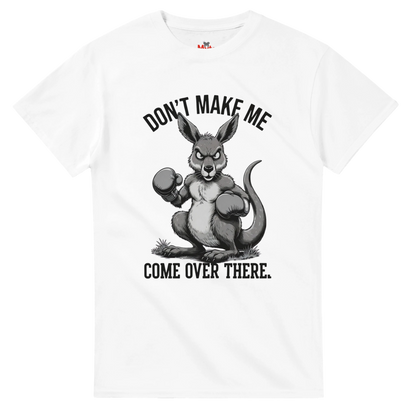 White t-shirt with a graphic of an angry kangaroo and text on a white background