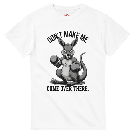 White t-shirt with a graphic of an angry kangaroo and text on a white background