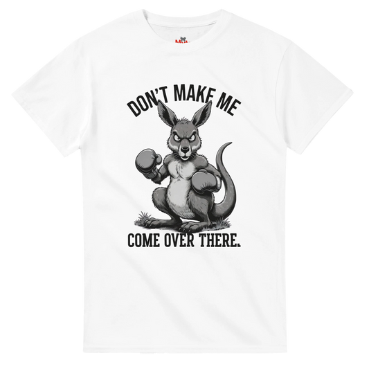 White t-shirt with a graphic of an angry kangaroo and text on a white background
