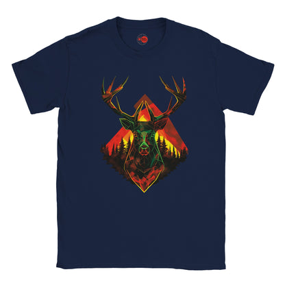 Navy blue t-shirt with a colorful deer graphic on a white background