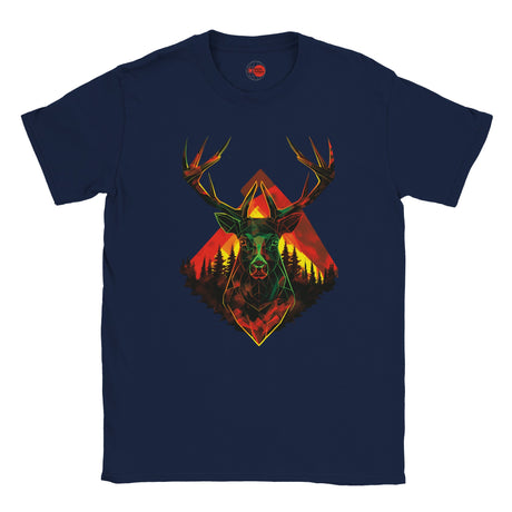 Navy blue t-shirt with a colorful deer graphic on a white background