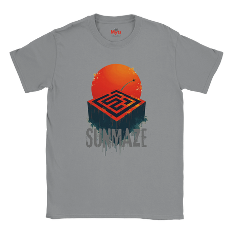 Gray t-shirt with a graphic design of a sun and maze, labeled 'Summaze', on a white background.