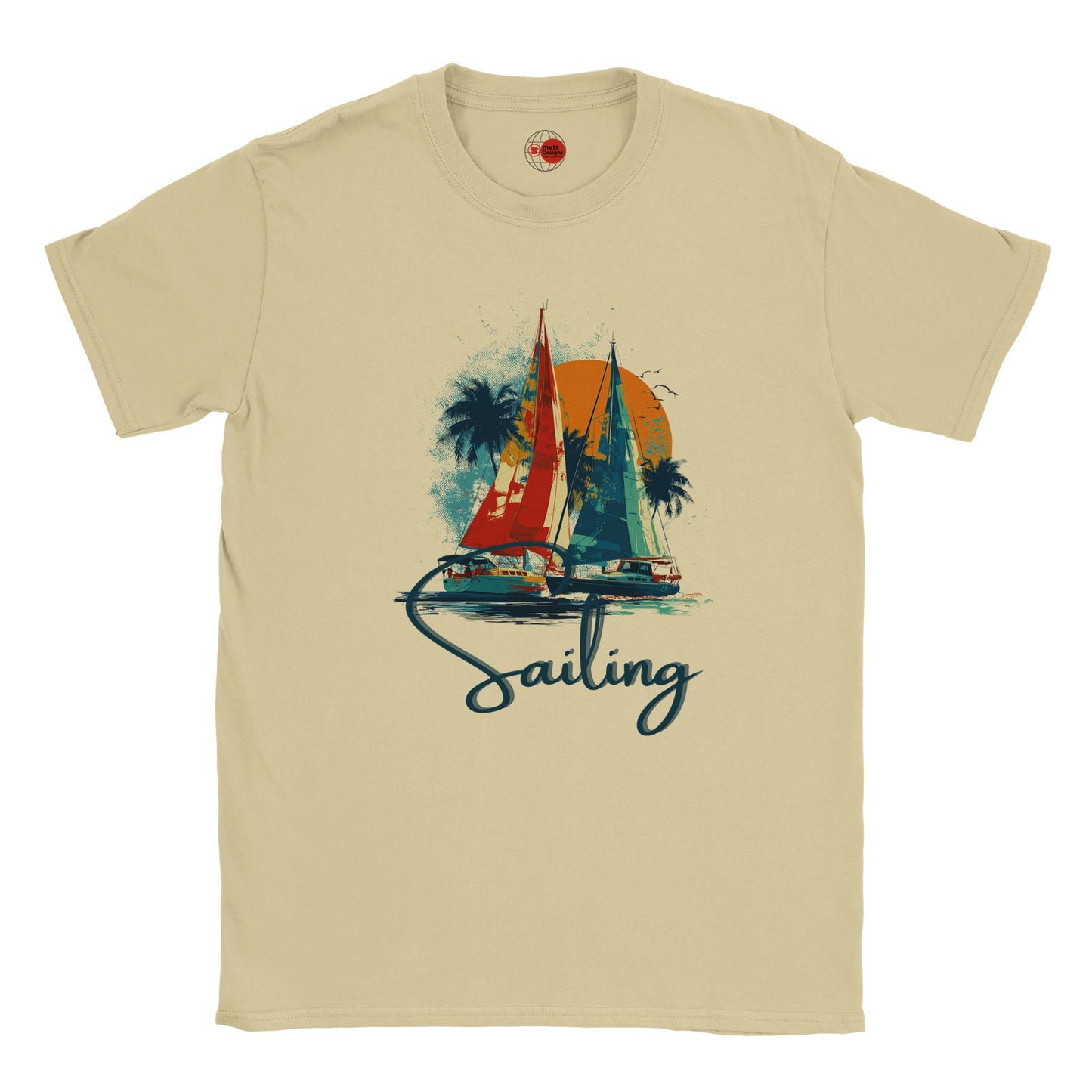 Natural t-shirt with sailboat graphic and 'Sailing' text on a white background