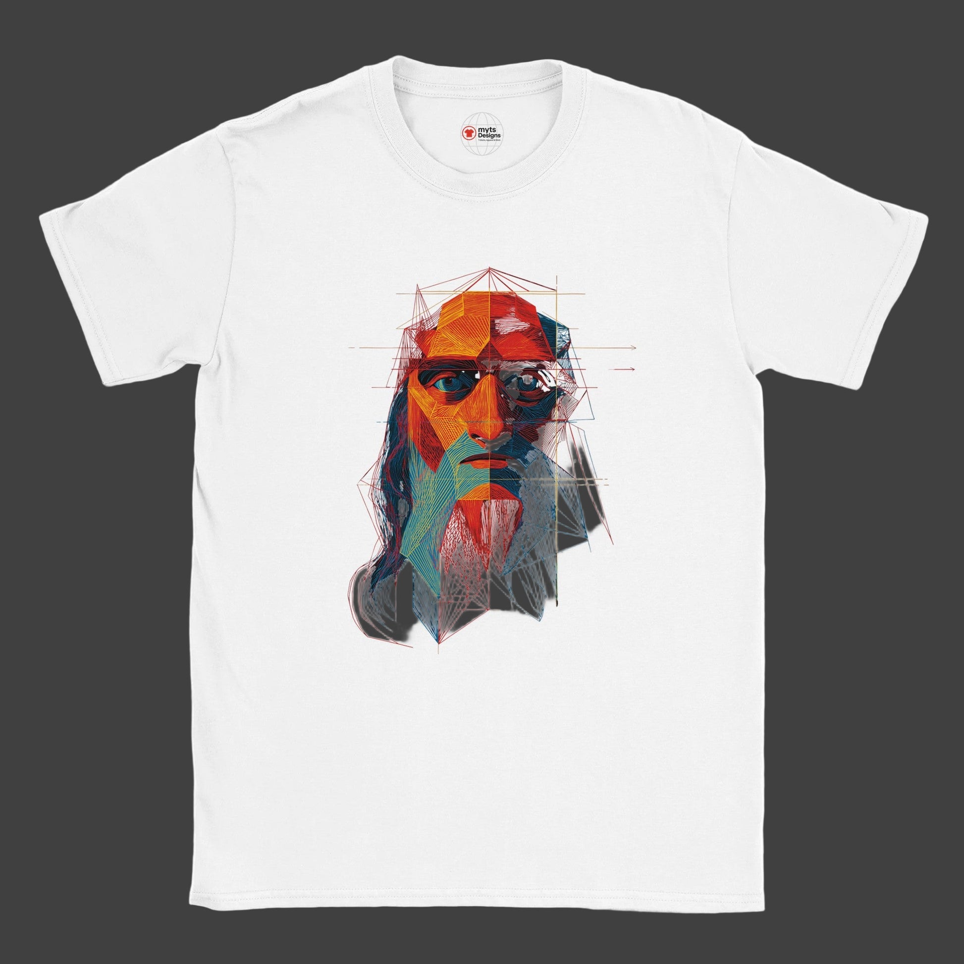 White t-shirt with a colorful geometric face design on a grey background