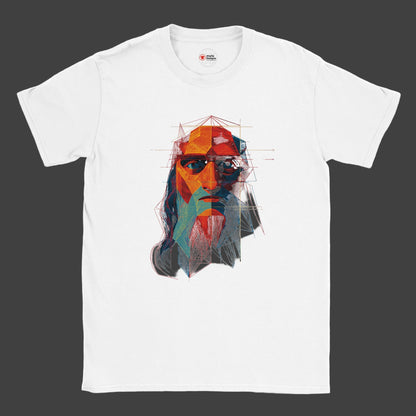 White t-shirt with a colorful geometric face design on a grey background