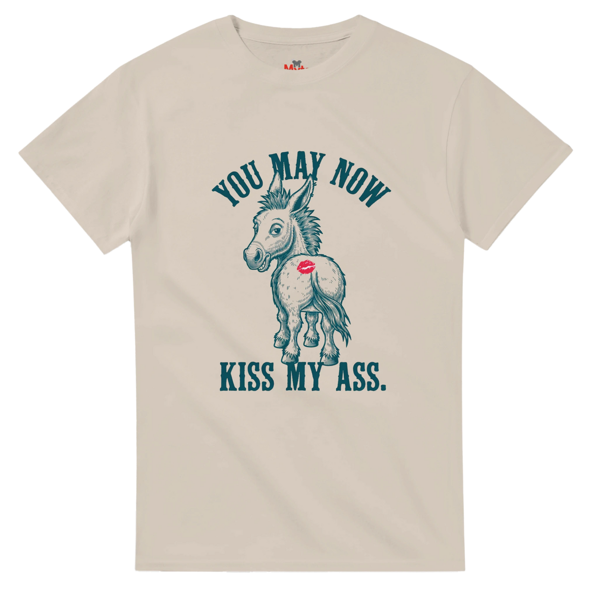 Beige t-shirt with a graphic of a donkey and text on a white background