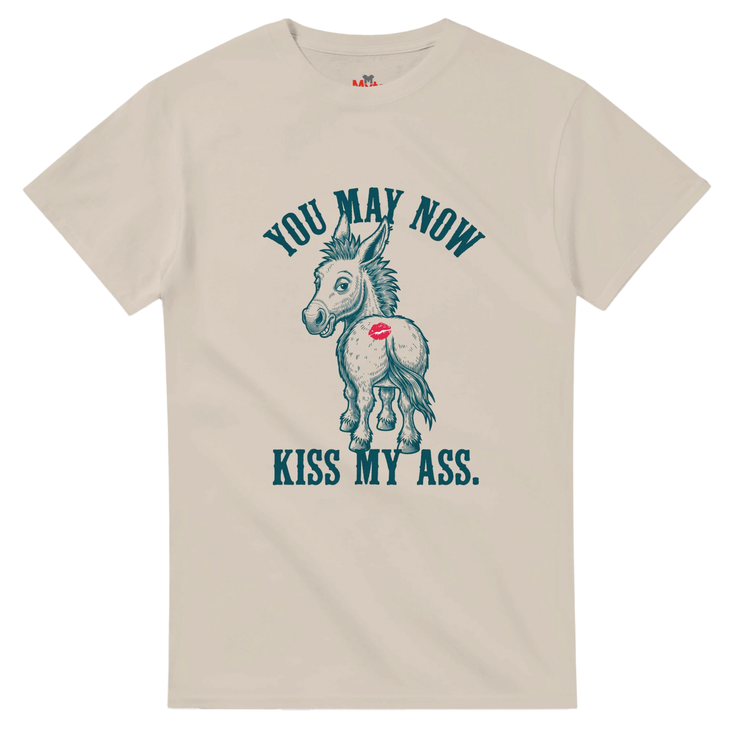 Beige t-shirt with a graphic of a donkey and text on a white background