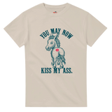 Beige t-shirt with a graphic of a donkey and text on a white background