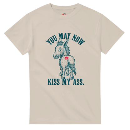 Beige t-shirt with a graphic of a donkey and text on a white background