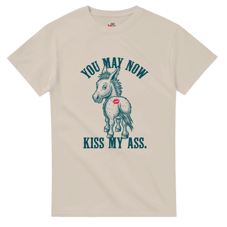 Beige t-shirt with a graphic of a donkey and text on a white background