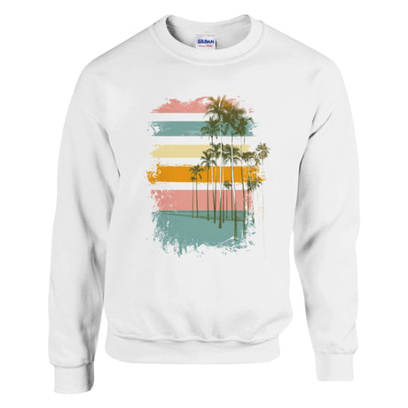 White sweatshirt with a colorful palm tree design on a white background