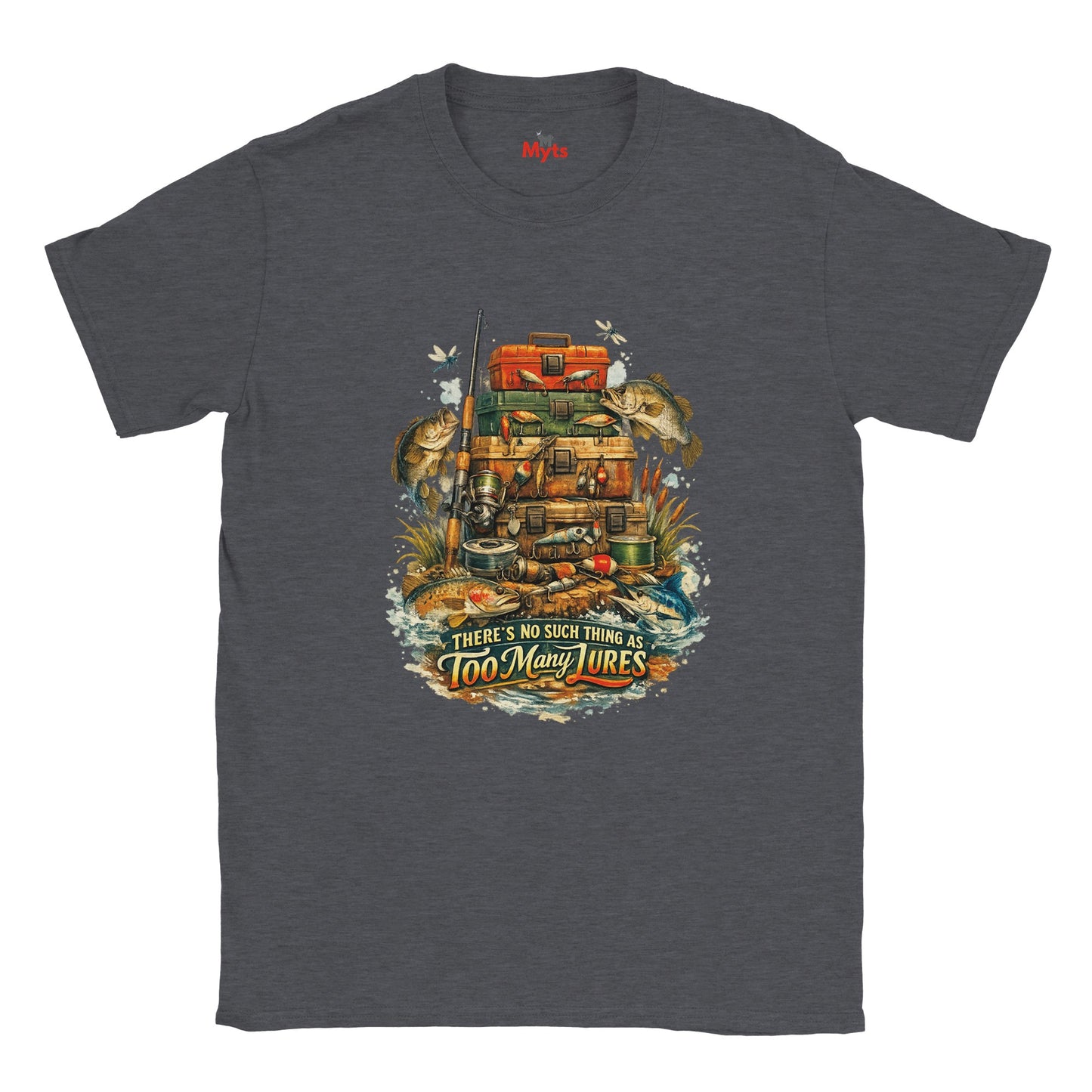 Dark Heather t-shirt with a fishing-themed graphic and text on a white background