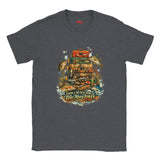 Dark Heather t-shirt with a fishing-themed graphic and text on a white background