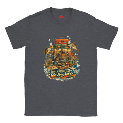 Dark Heather t-shirt with a fishing-themed graphic and text on a white background
