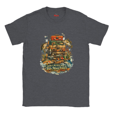 Dark Heather t-shirt with a fishing-themed graphic and text on a white background