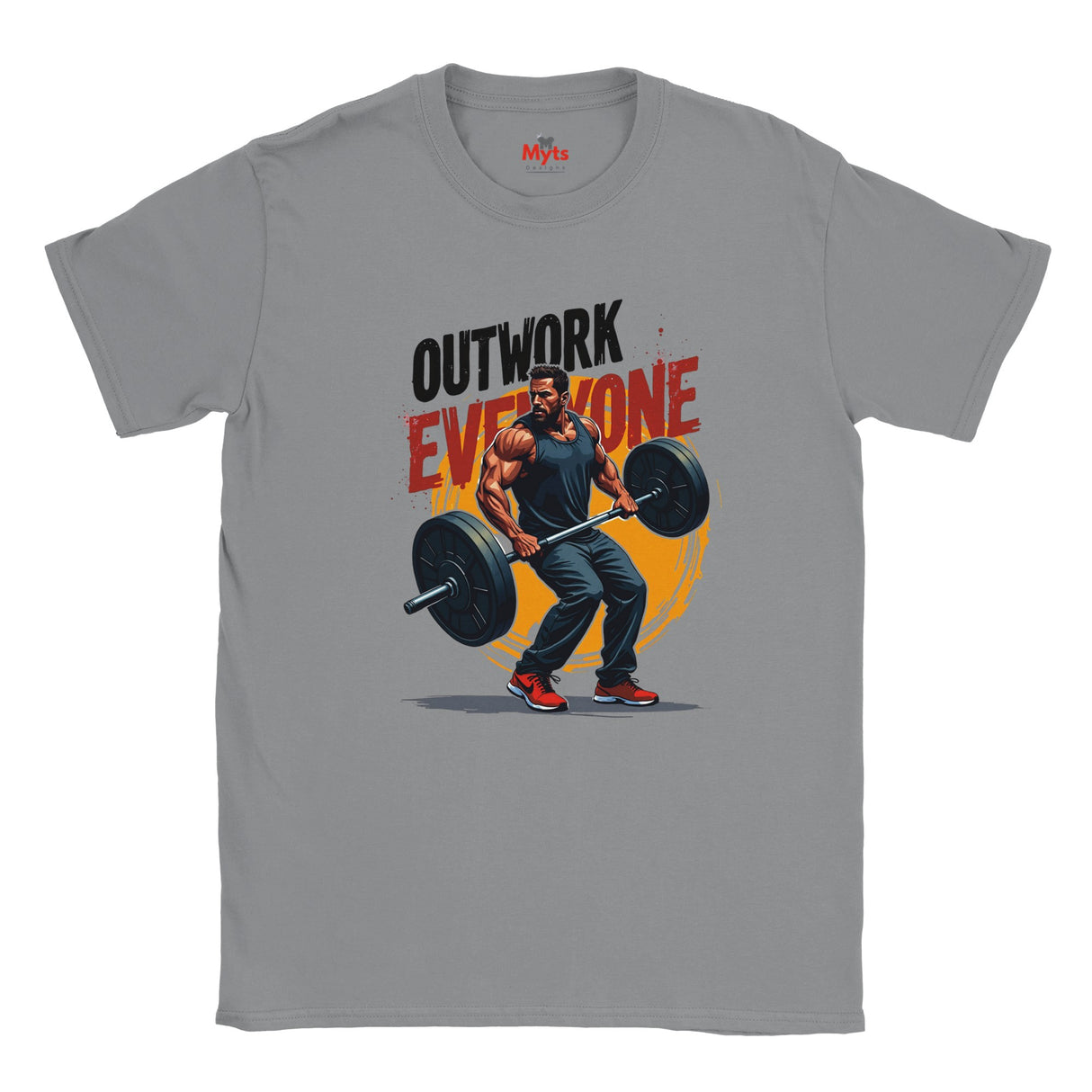 Gray t-shirt with a graphic of a man lifting weights and text 'Outwork Everyone' on a white background.