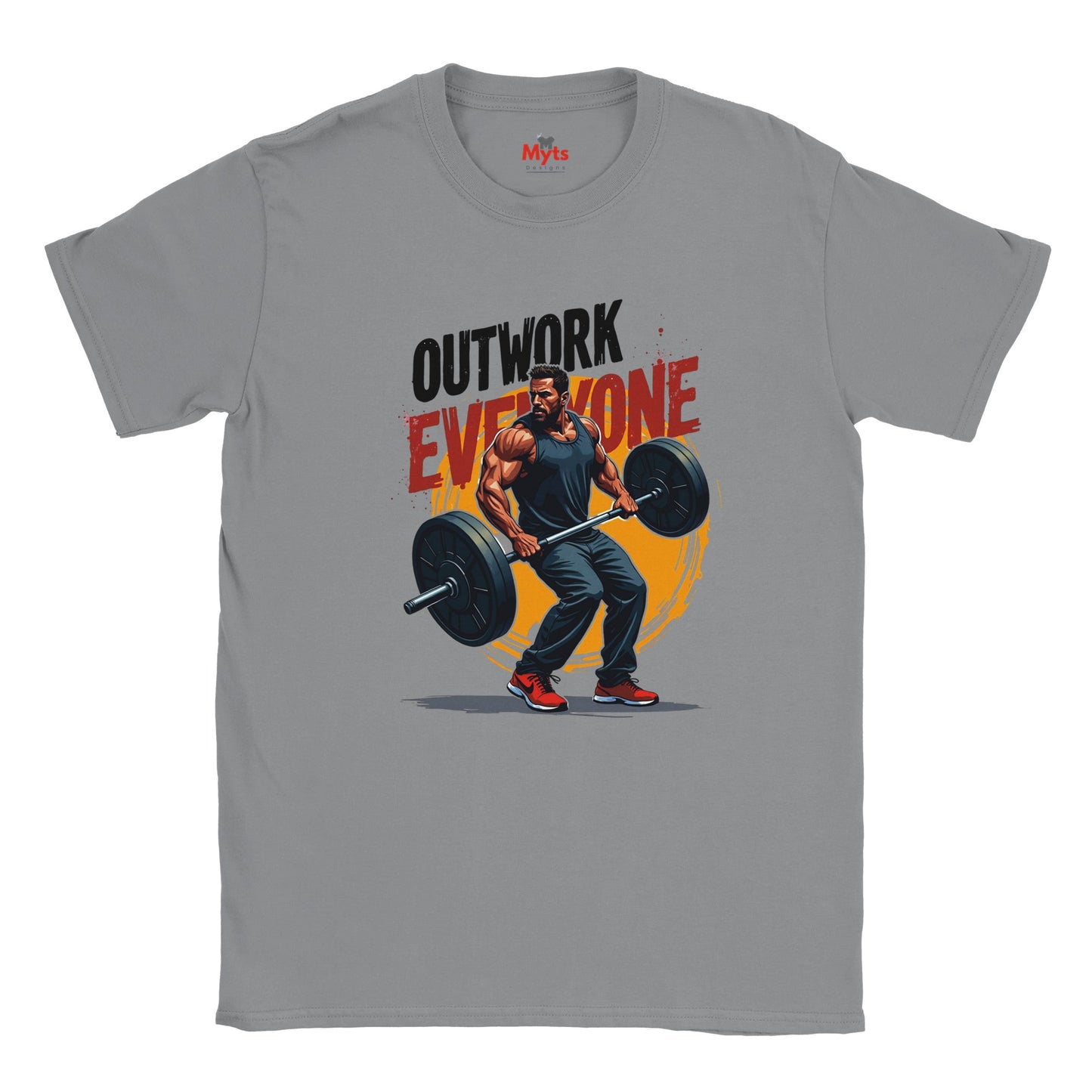 Gray t-shirt with a graphic of a man lifting weights and text 'Outwork Everyone' on a white background.