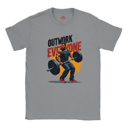 Gray t-shirt with a graphic of a man lifting weights and text 'Outwork Everyone' on a white background.