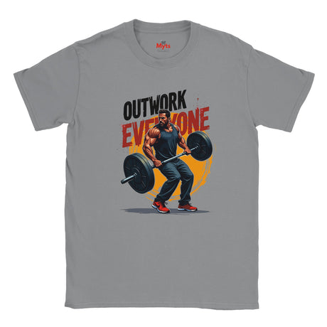 Gray t-shirt with a graphic of a man lifting weights and text 'Outwork Everyone' on a white background.