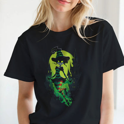 Person wearing a black t-shirt with a colorful graphic design, standing indoors.