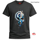 A dark heather gray crewneck t-shirt featuring a large graphic print of a stylized, geometric face in shades of blue, white, and gray. The t-shirt is displayed against a clean white background with 'Myts' brand logos visible on the inner neck and bottom right corner.