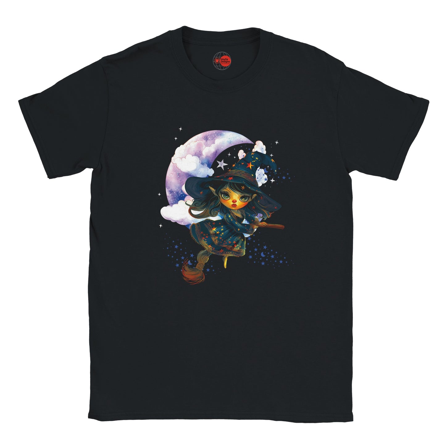 Black t-shirt with a cartoon witch design on a white background