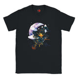 Black t-shirt with a cartoon witch design on a white background