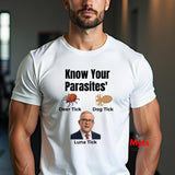 Man wearing a white Know Your Parasites political graphic tee with bold black lettering and satirical portrait.