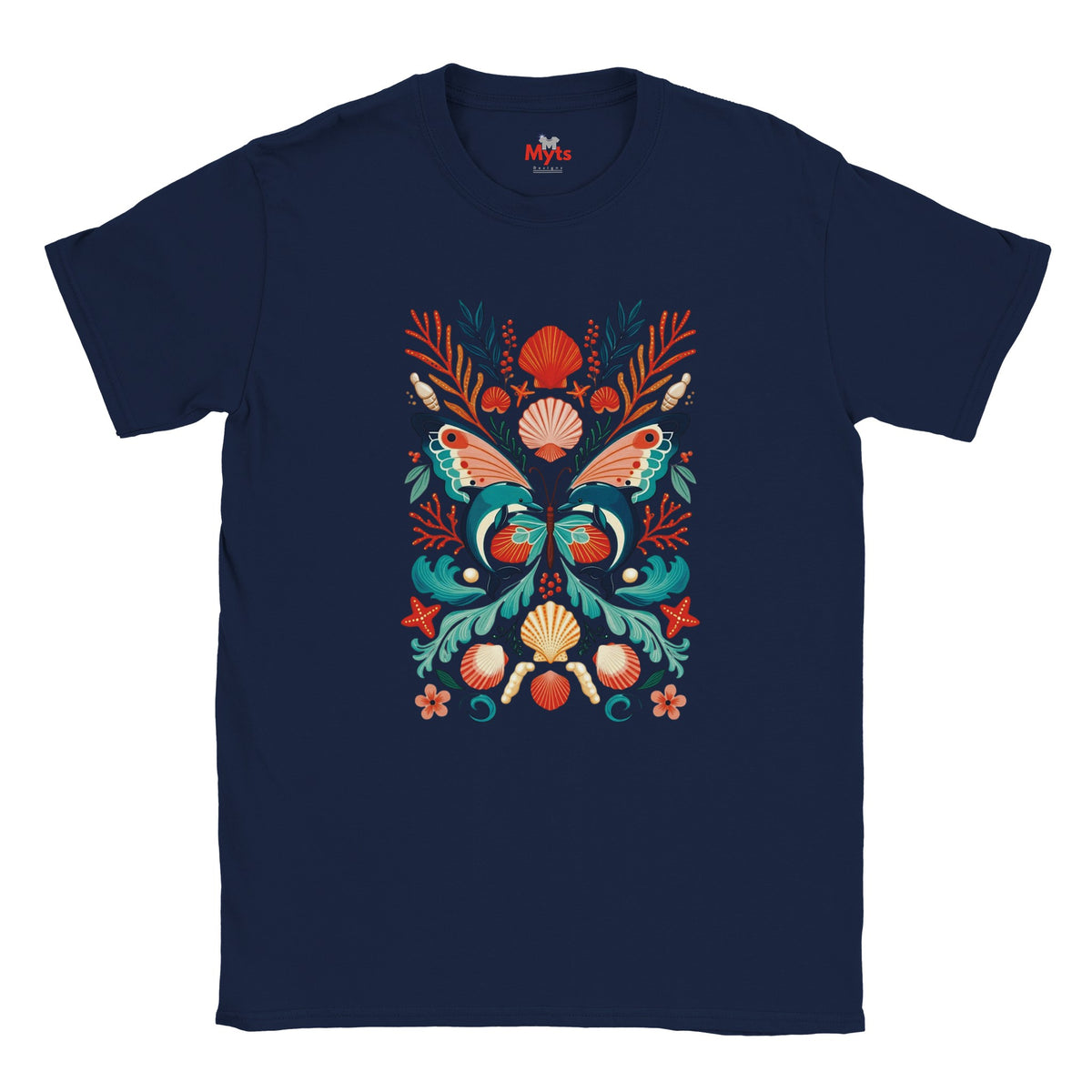 Navy blue crew-neck T-shirt with front-centred dolphin butterfly artwork in turquoise, orange and pink.