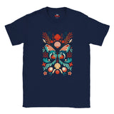 Navy blue crew-neck T-shirt with front-centred dolphin butterfly artwork in turquoise, orange and pink.