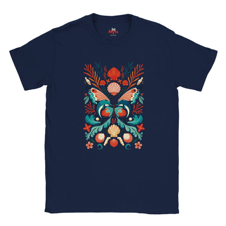 Navy blue crew-neck T-shirt with front-centred dolphin butterfly artwork in turquoise, orange and pink.
