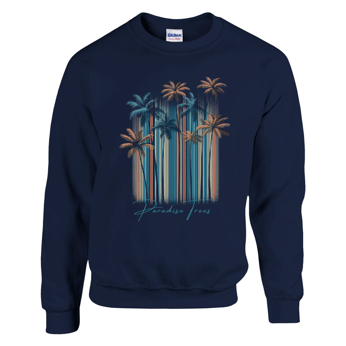 Navy blue sweatshirt with palm tree design on a white background
