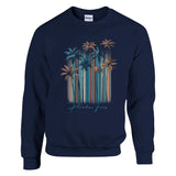 Navy blue sweatshirt with palm tree design on a white background